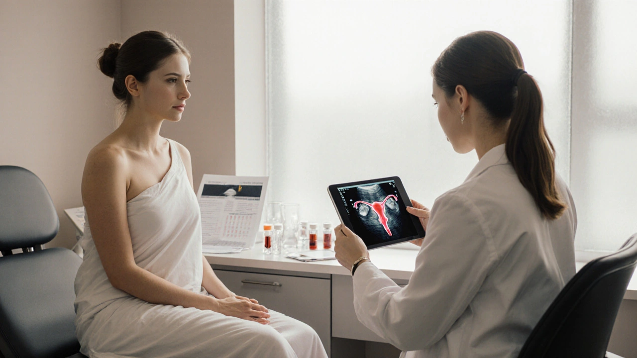 Fotorealistický záběr gynekologické ordinace, kde lékař ukazuje ultrazvuk a krevní vzorky.