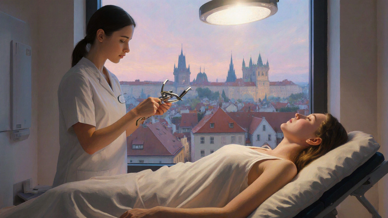 Impresionistický obraz gynekologického vyšetření s výhledem na Prahu.