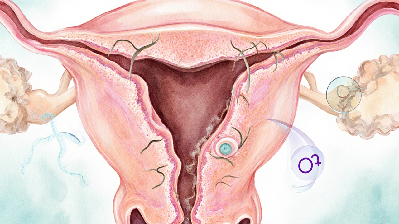 Křížový řez dělohy ukazující embryo, vznik placenty a aktivní buňky trofoblastu.