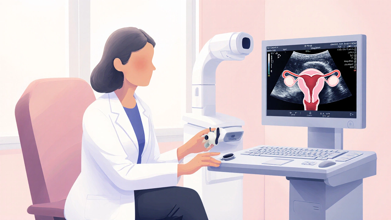 Lékař provádí pap test, ultrazvuk a vyšetření prsů v soukromé vyšetřovací místnosti.