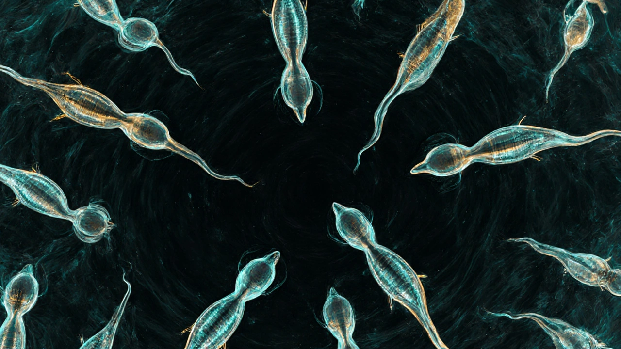 Microskopický pohled na spermie s různými tvary a pohybem.