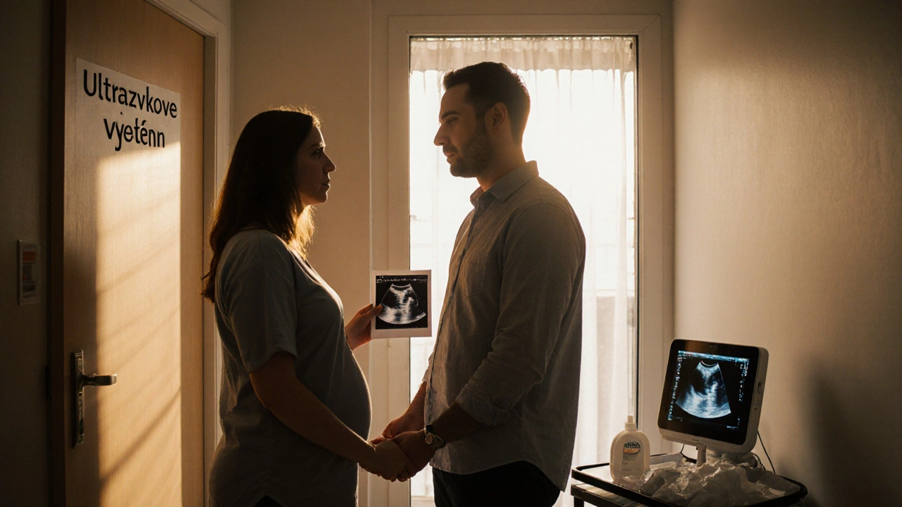 Pár stojí v chodbě s tiskem prvního ultrazvuku, žena pláče ze štěstí, muž ji objímá.