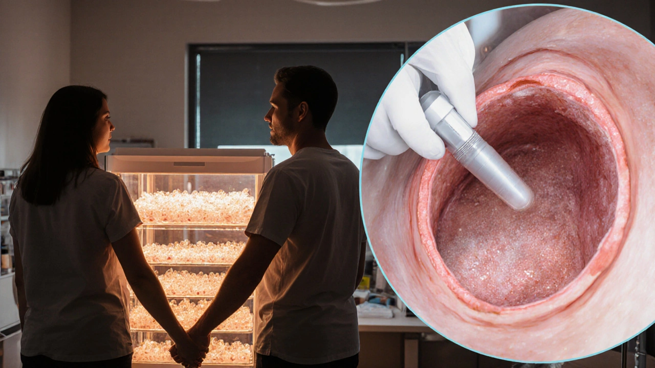 Pár v klinice, embryo v inkubátoru a laparoskopska operace.
