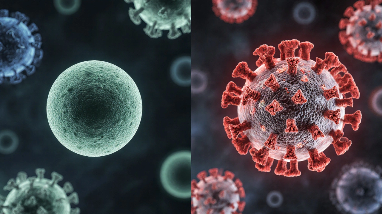 Porovnání nízkorizikových a vysokorizikových částic HPV pod mikroskopem.