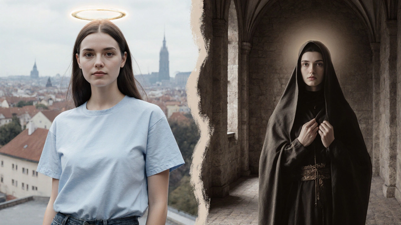 Rozdělený portrét ženy ukazující rozdíl mezi „virgin“ a „chaste“.
