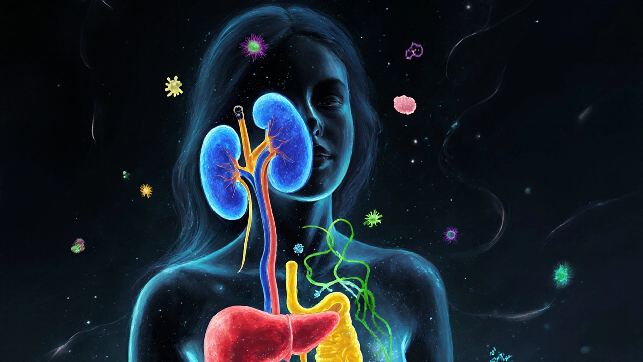 Schematicní vyobrazení moči jako mapy těla s indikátory zdraví