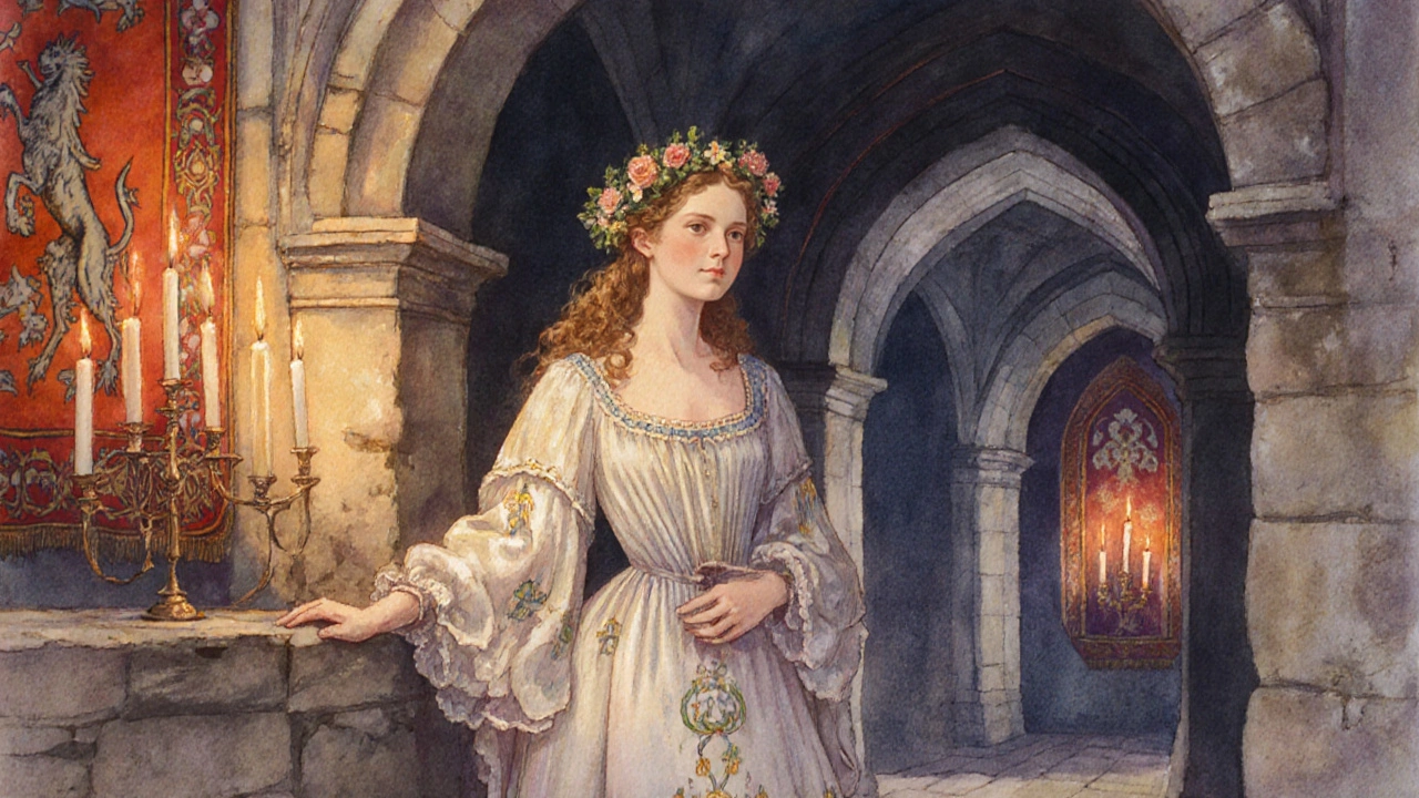 Středověká dívka v sále, představující výraz „maiden“. 