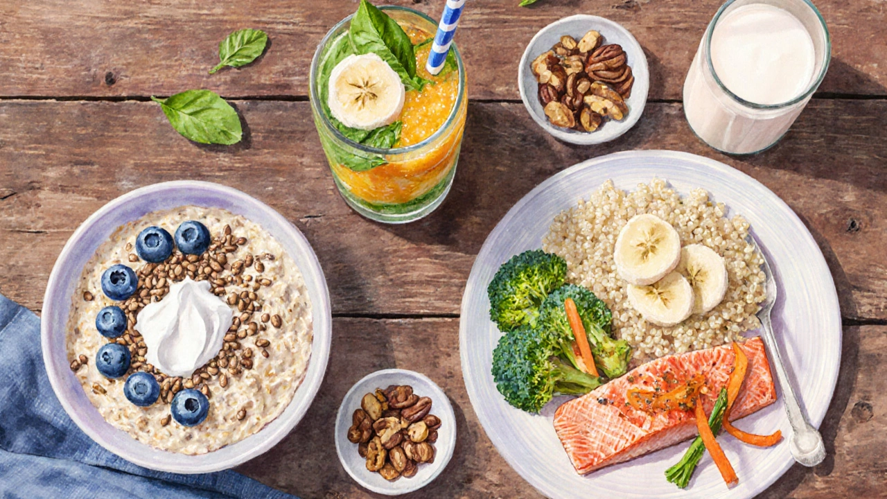 Zátiší jídelního plánu: ovesná kaše s borůvkami, smoothie ze špenátu a pomerančů, grilovaný losos s quinoa a zeleninou, ořechy a sušené meruňky.