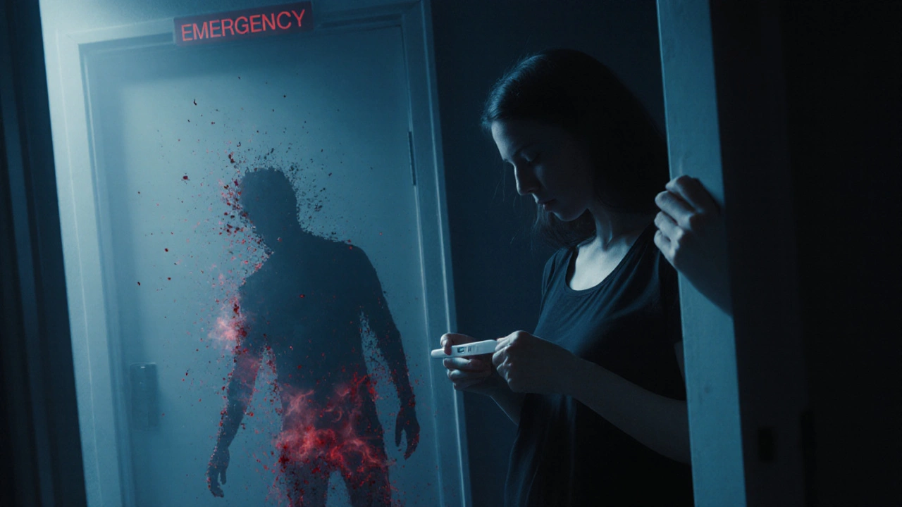 Žena se blíží k dveřím s nápisem 'Nouzový vstup', za ní se rozptýlí stín plodu v krvi.