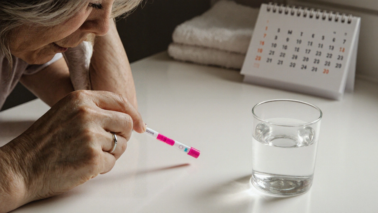 Žena sleduje výsledek močového testu na testovací proužku