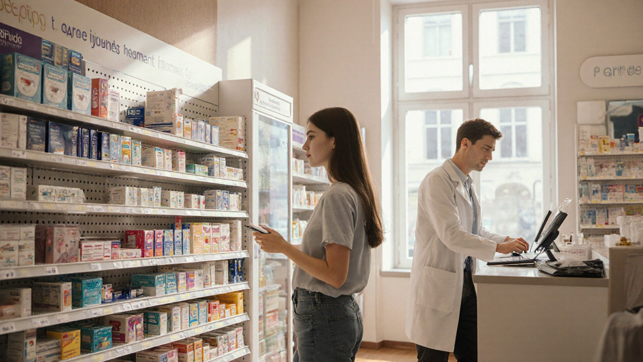 Žena ve v Praze lékárně vybírá antikoncepci, farmaceut jí radí.