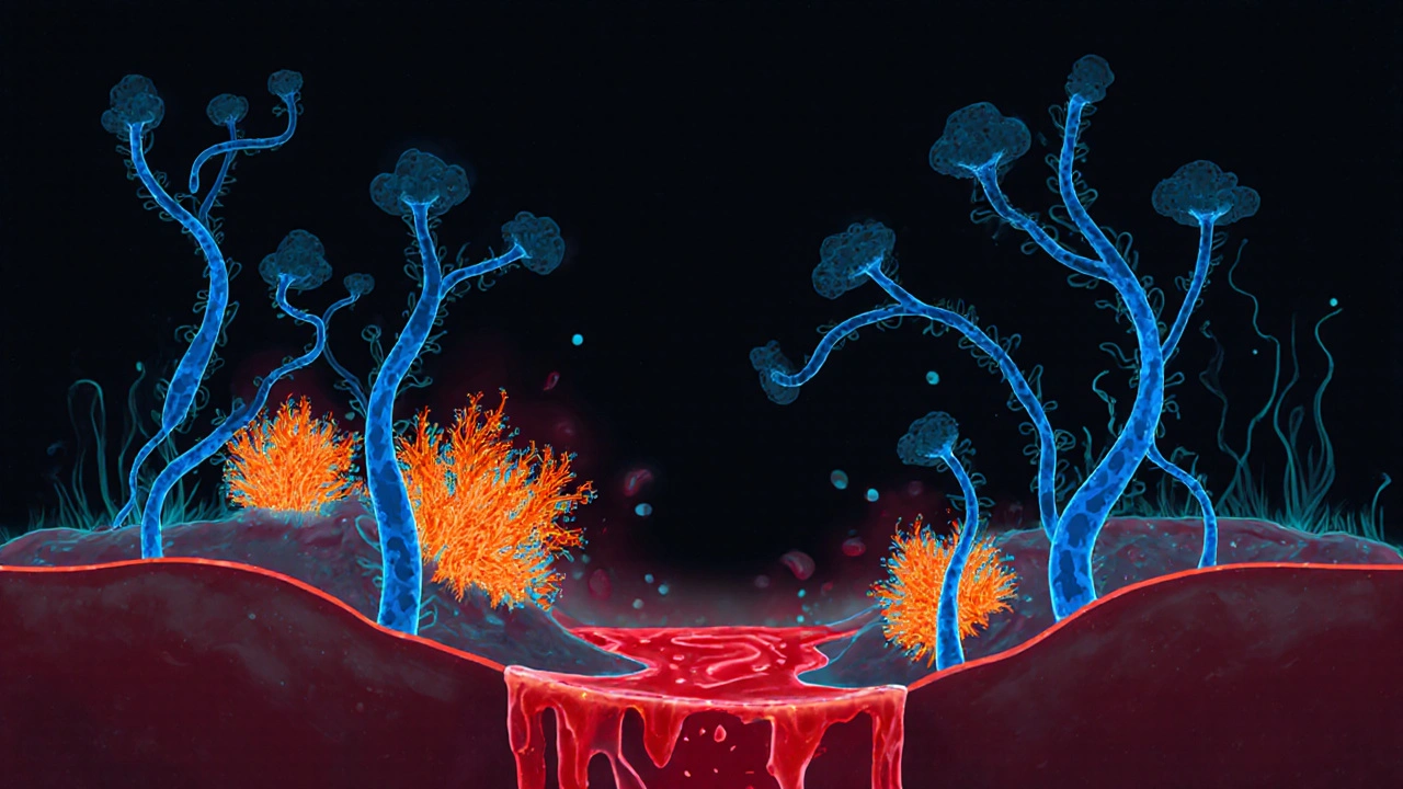 Abstraktní znázornění mikrobiomu pochvy s prospěšnými bakteriemi a kvasinkami.