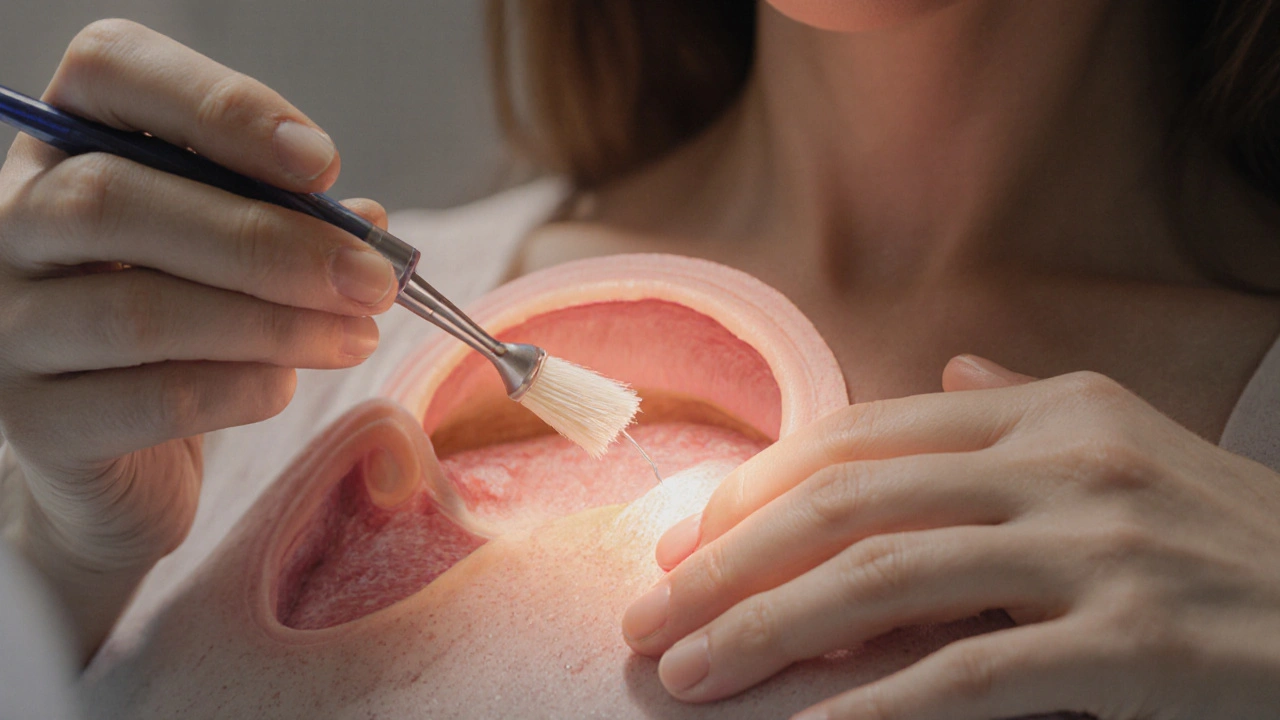 Detail specula a jemného štětce při odběru buněk z děložního čípku.