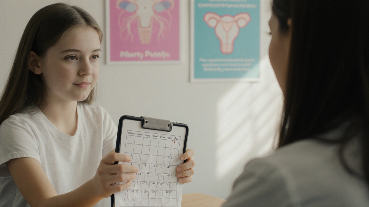 Dívka ukazuje lékařce kalendář menstruací během rozhovoru o zdraví.