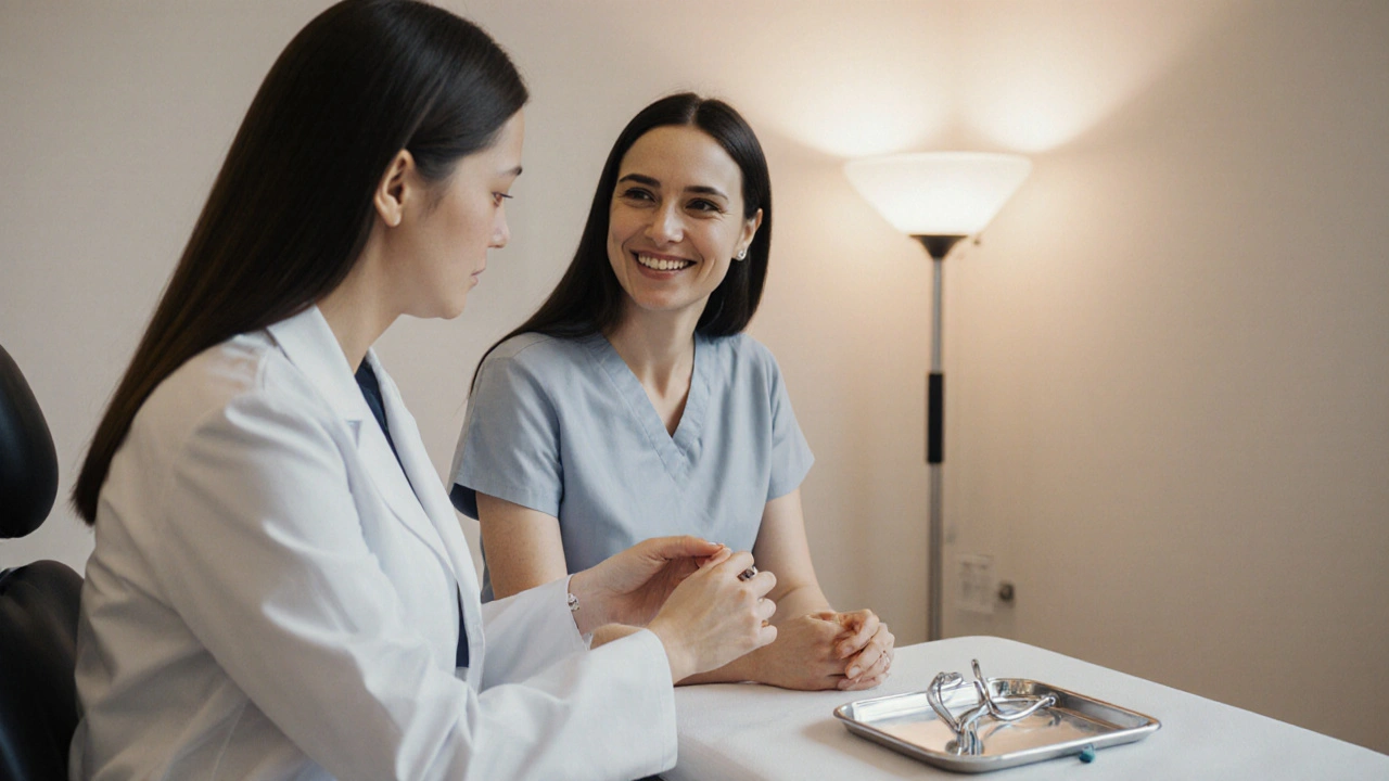 Gynekoložka vysvětluje pacientce postup s důvěrou a úsměvem v klidném ordinaci.