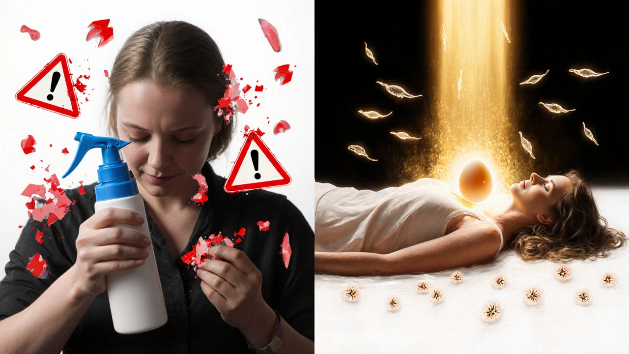 Kontrast mezi nebezpečným vnitřním mytím a přirozeným procesem: poškozená mikroflóra vs. spermie cestující k vajíčku.