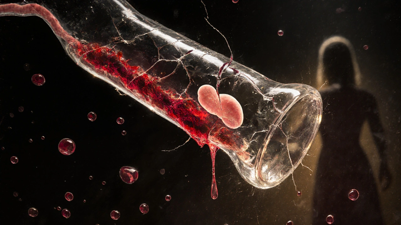 Křehká vaječníková trubice praská pod tlakem embrya, s krvavými kapkami a zářícím světlem, symbolizujícím riziko a záchranu.
