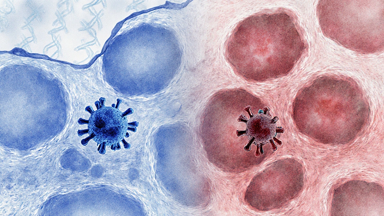 Mikroskopický pohled na infikované buňky děložního čípku s virusem HPV.