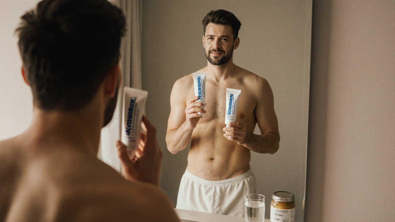 Muž drží antifungální krém a probiotika na koupelně, viditelně uklidněný.