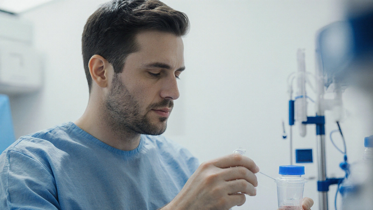 Muž v laboratoři podává vzorek spermií v soukromém prostoru.