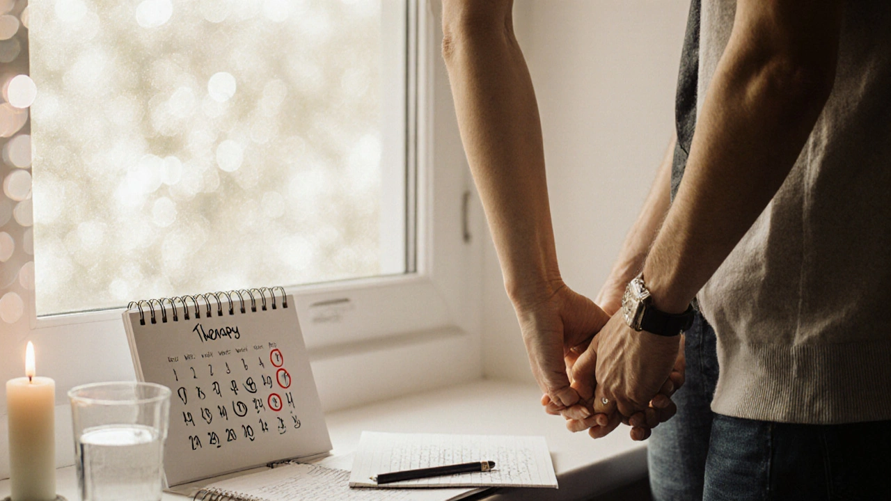 Pár drží ruce v klidné místnosti s kalendářem označujícím terapeutické sezení.