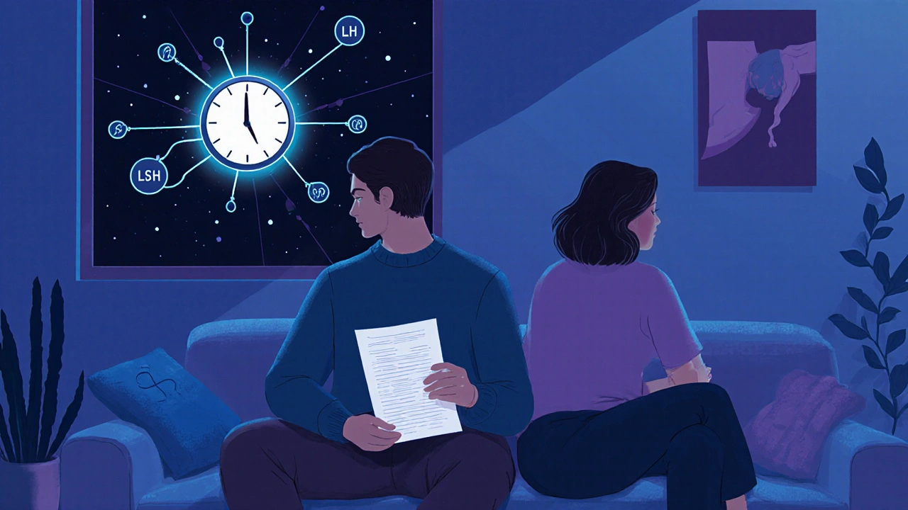 Pár sedí zády k sobě, jeden drží výsledek spermiogramu, druhá se dívá na hodiny.