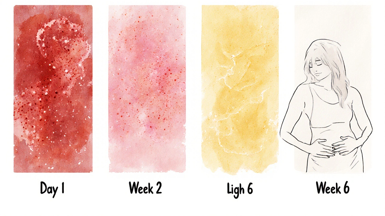 Postupná změna barvy očistek po porodu od červené po bílou.