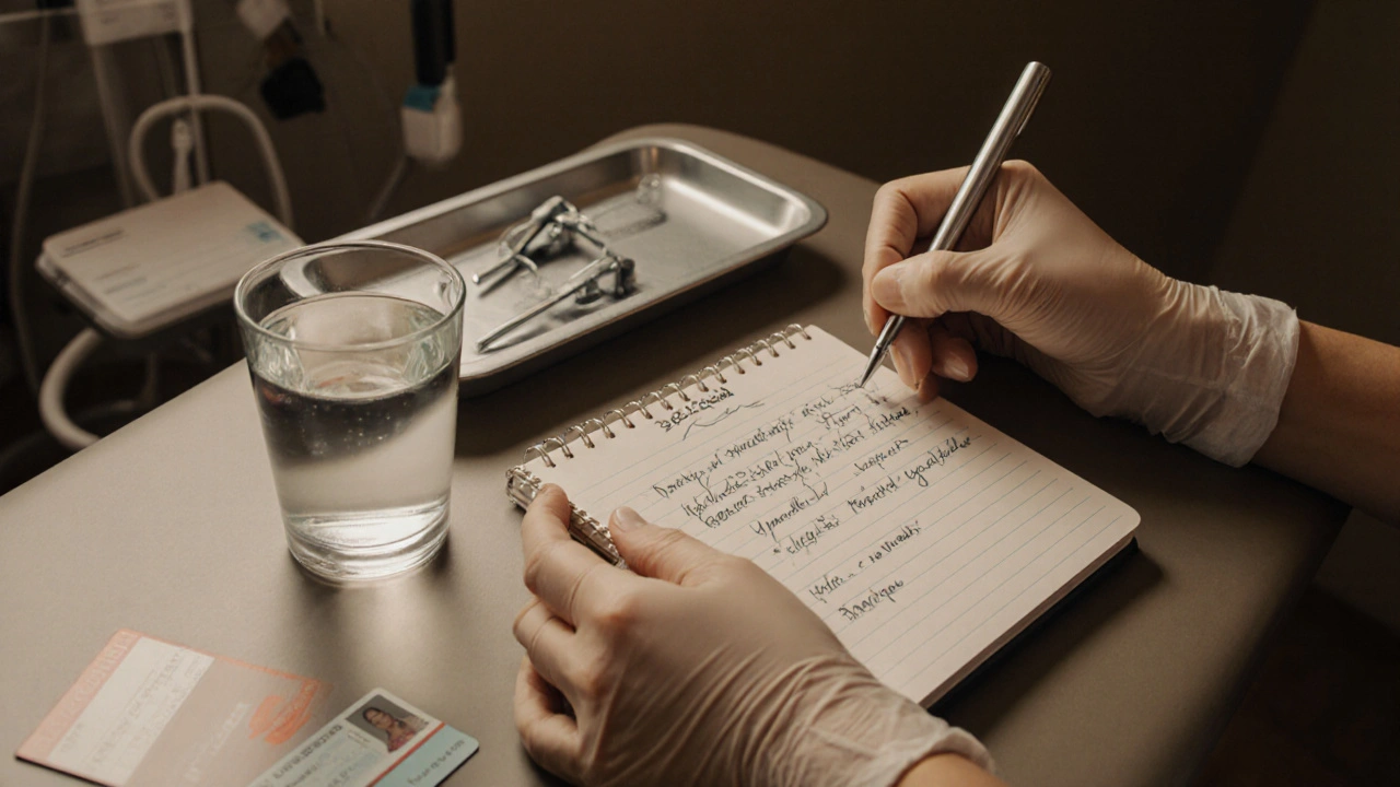 Ruka drží poznámky o cyklu a ID karta vedle sterilních nástrojů v ordinaci.