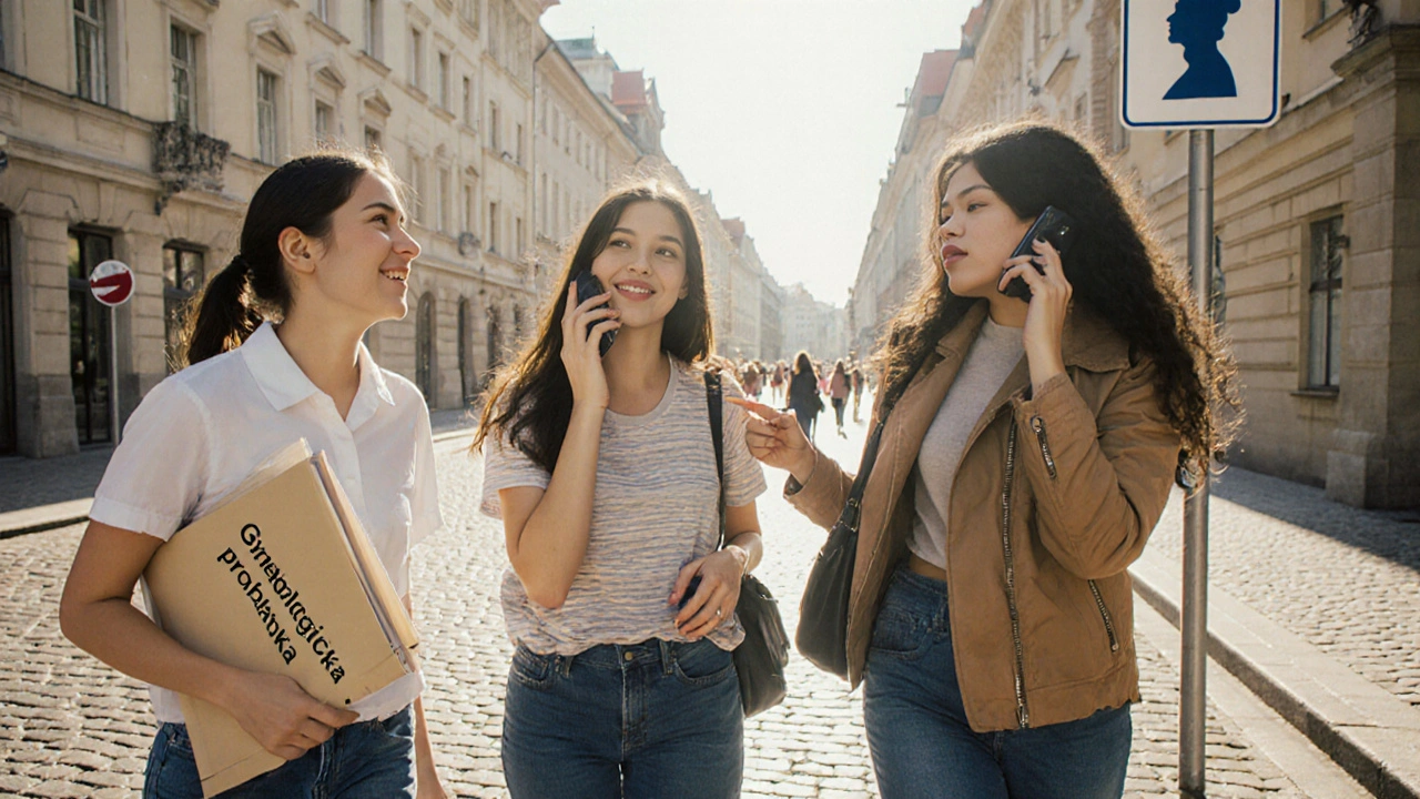 Skupina mladých žen v Praze jde společně k gynekologické prohlídce.