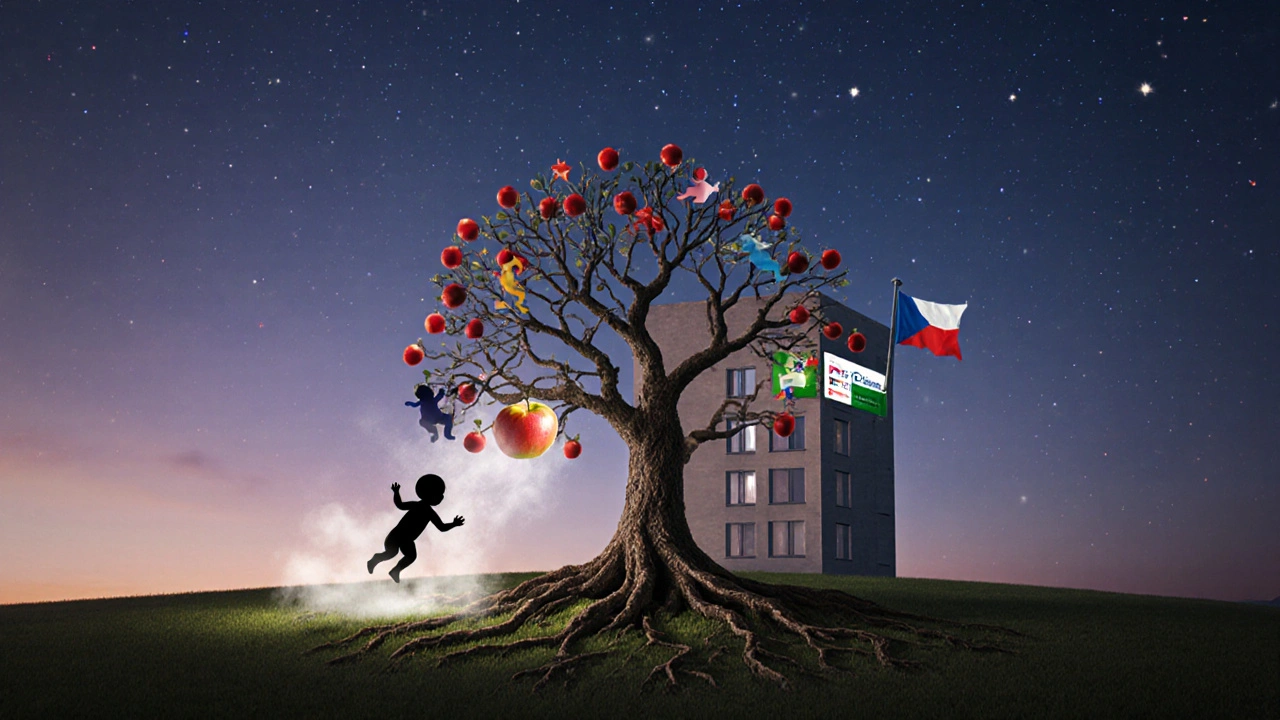 Strom s DNA kořeny roste z kliniky, větve nesou malé dětské siluety jako ovoce.