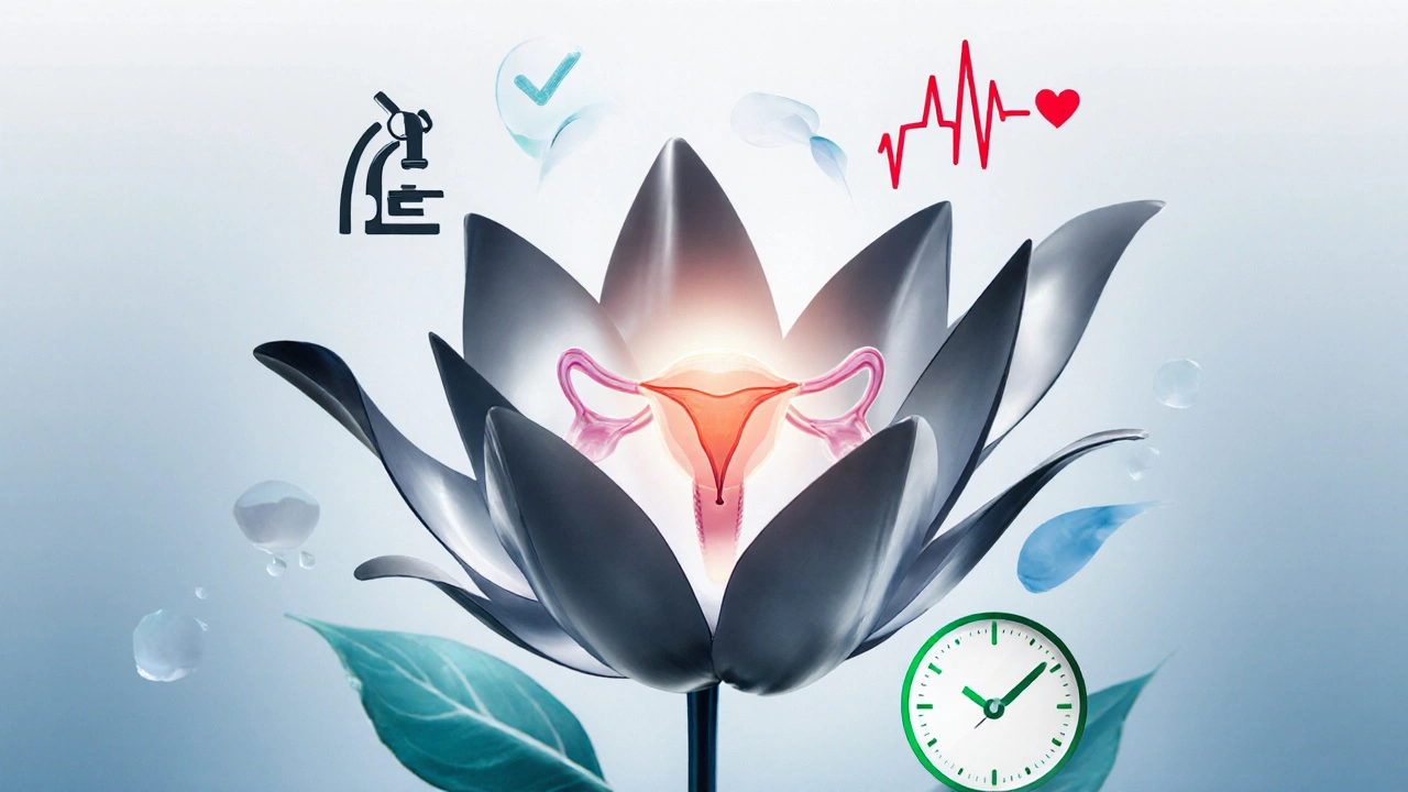 Stylizované zrcadlo jako květ, který odhaluje zdravý děložní čípek, symbolizující prevenci.