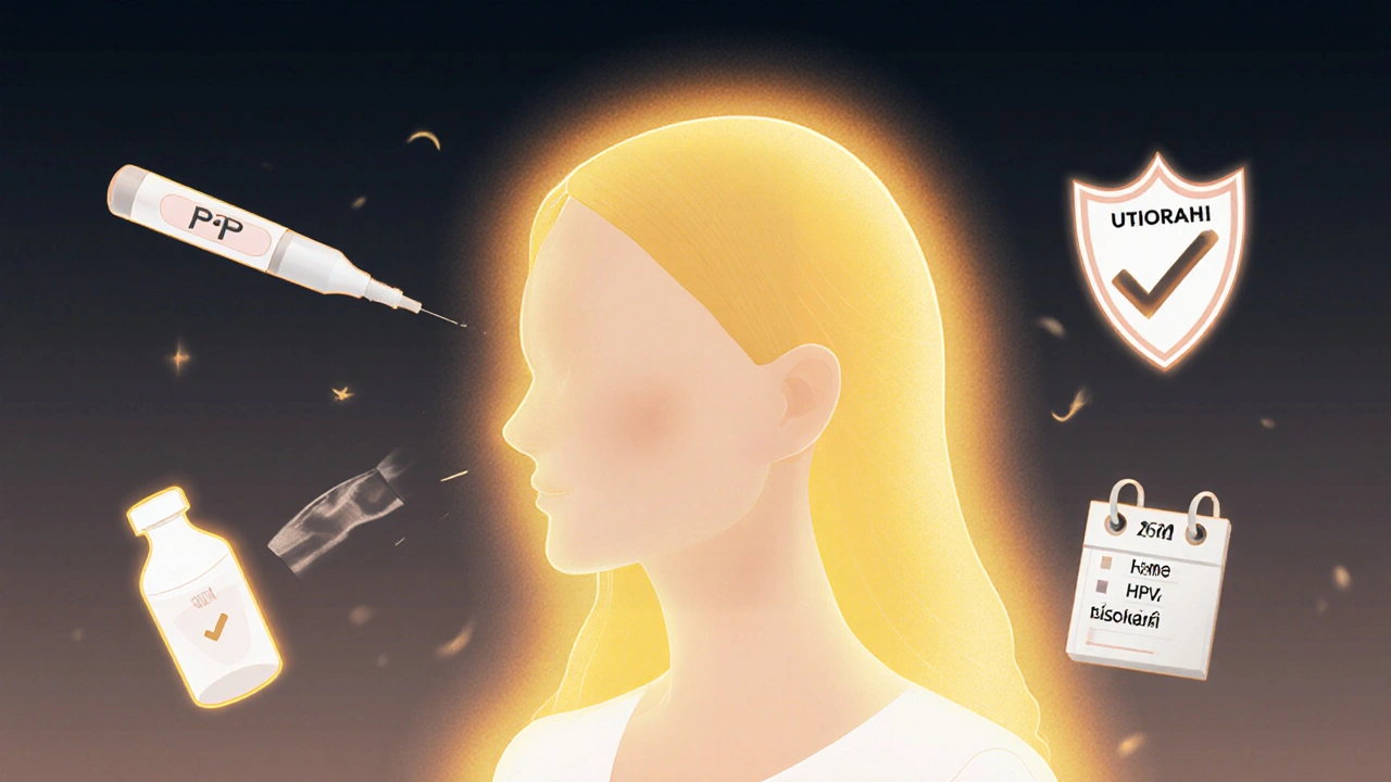 Symbolická představa prevence ženského zdraví s PAP testem, ultrazvukem a očkováním.