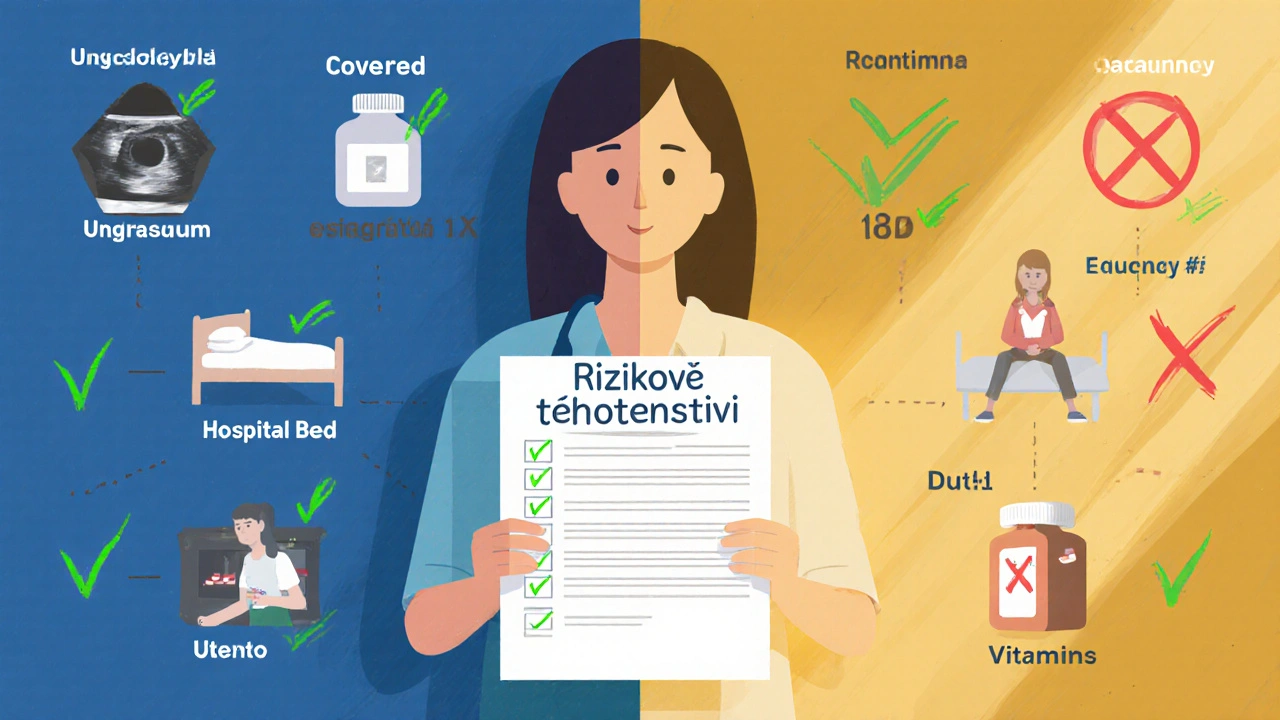 Symbolická scéna s lékařsky hrazenými a nehrazenými službami při rizikovém těhotenství.