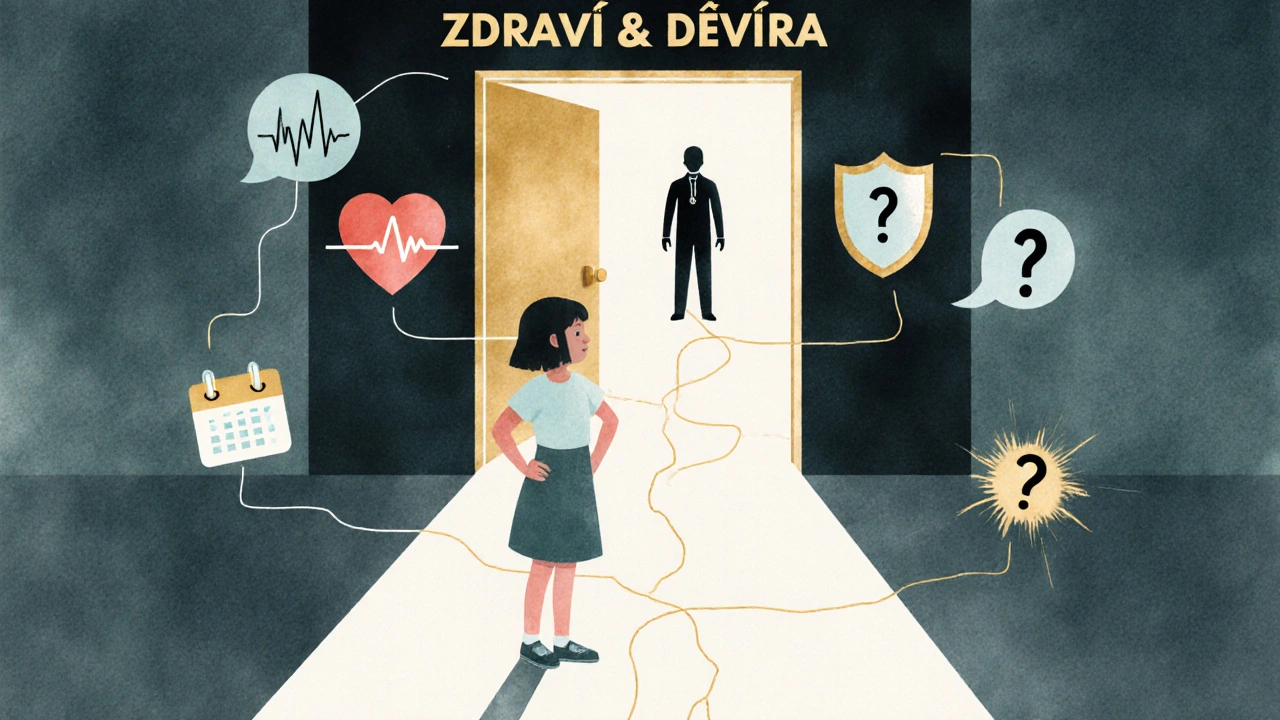 Symbolický obraz dívky, která krok za krokem překonává strach a najde důvěru ve zdravotní péči.