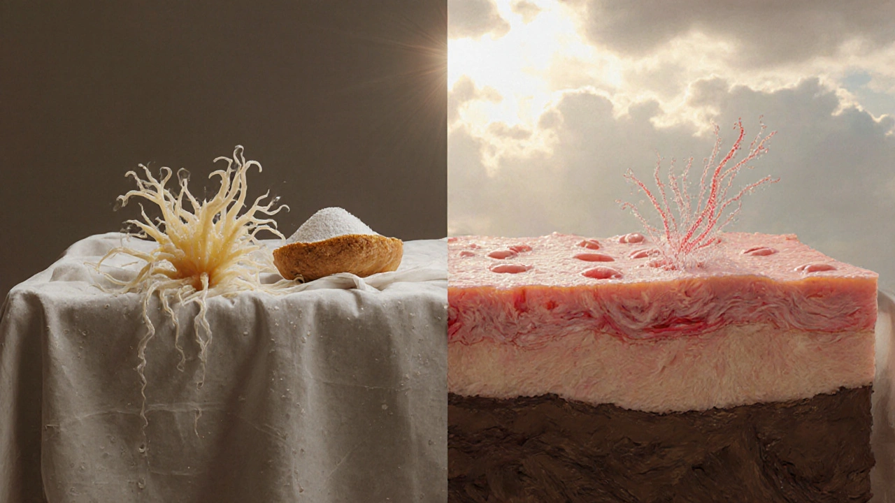 Symbolický obraz přebytku kvasinek vs. zdravé mikroflóry na kůži.