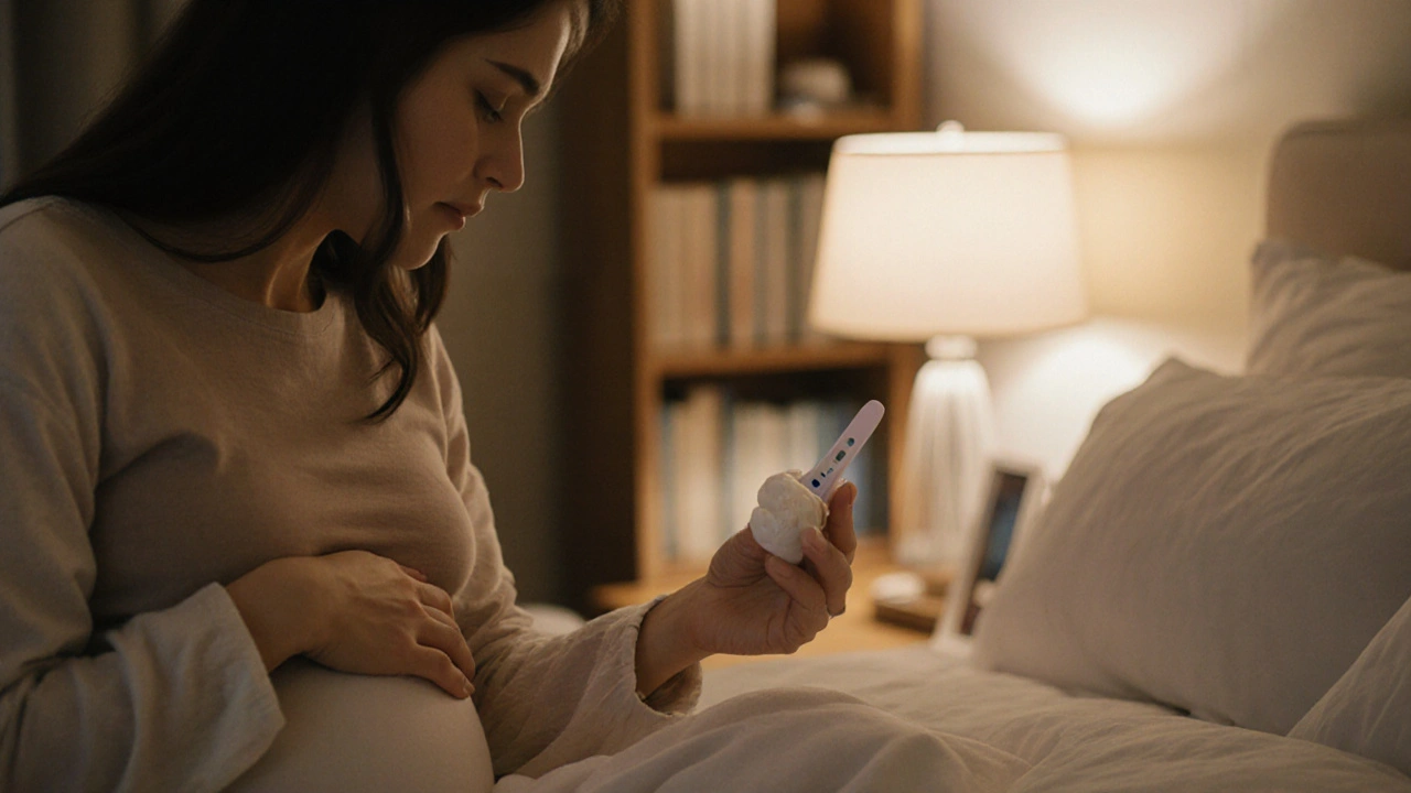 Těhotná žena drží hlenu výhonku v ruce v klidné místnosti