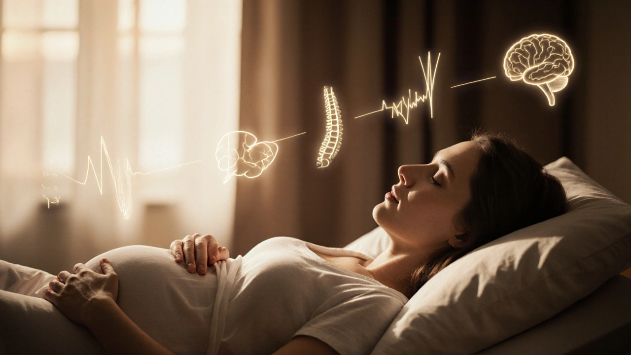 Těhotná žena s očima zavřenýma, naslouchá prvnímu srdcovému tepu svého dítěte.