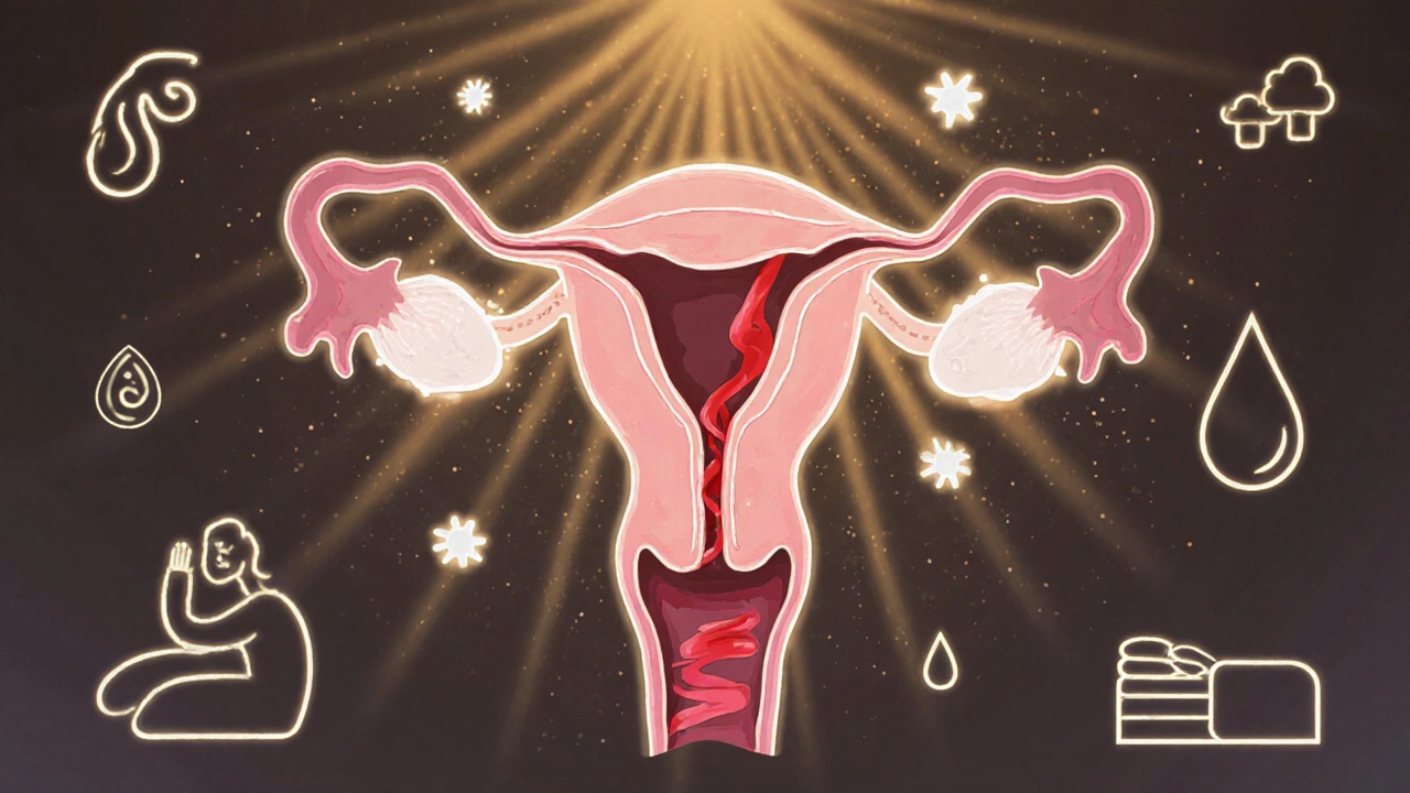 Vnitřní pohled na dělohu s očistkami a symboly hojení po porodu.