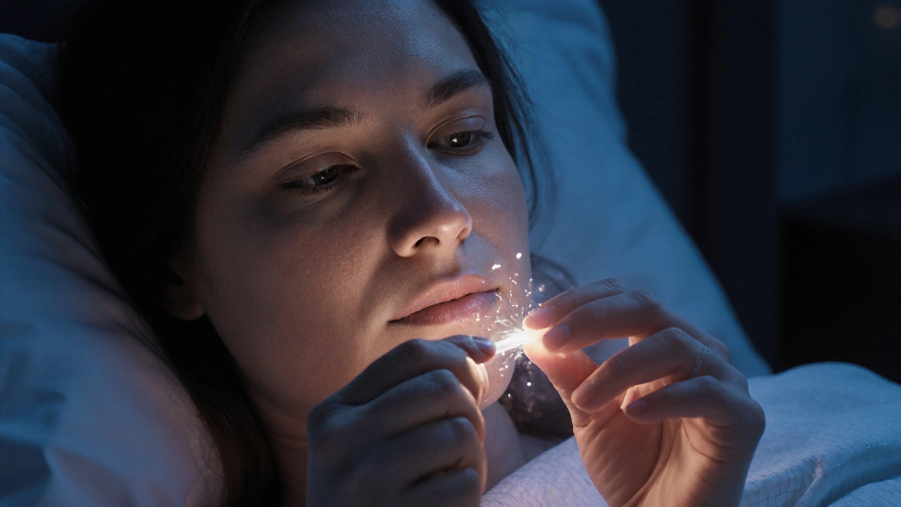 Žena aplikuje vaginální tabletu clotrimazolu v noci s klidným výrazem.