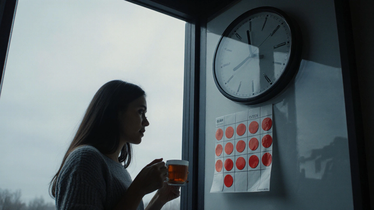 Žena čeká u dveří kliniky během menstruace, drží čaj a dívá se na kalendář.