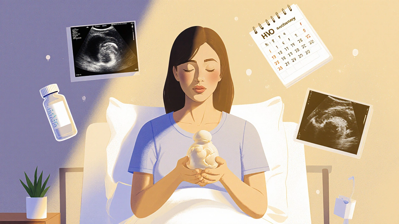 Žena drží model embrya v klidné atmosféře nemocnice, kolem ní plavou symboly IVF.