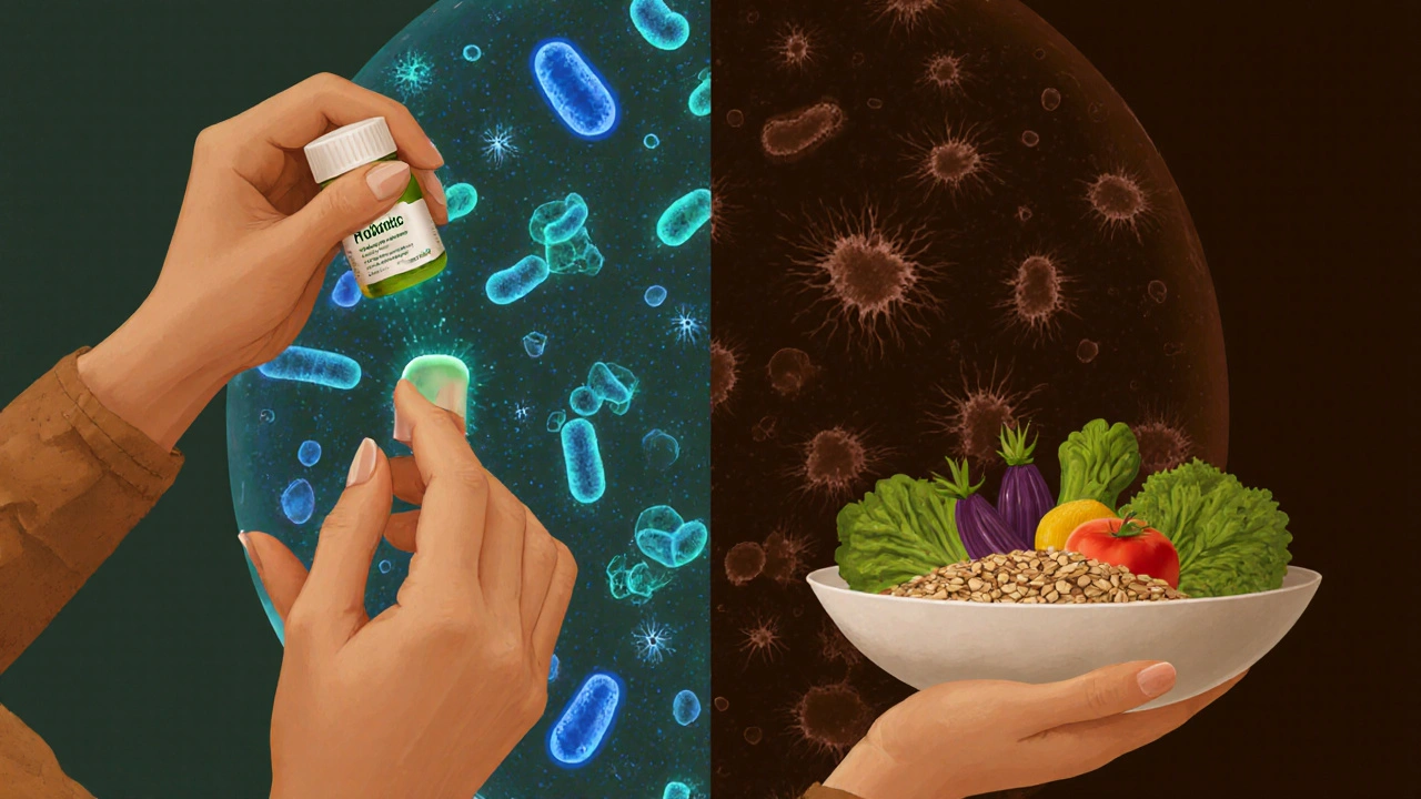 Žena drží probiotikum a zdravou stravu, symbolizující rovnováhu mikroflóry.