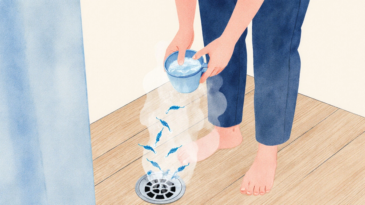 Žena lehce opláchnění vnějších pohlavních orgánů jen vodou, bez mydla, symbolizující bezpečnou hygienu po sexu.