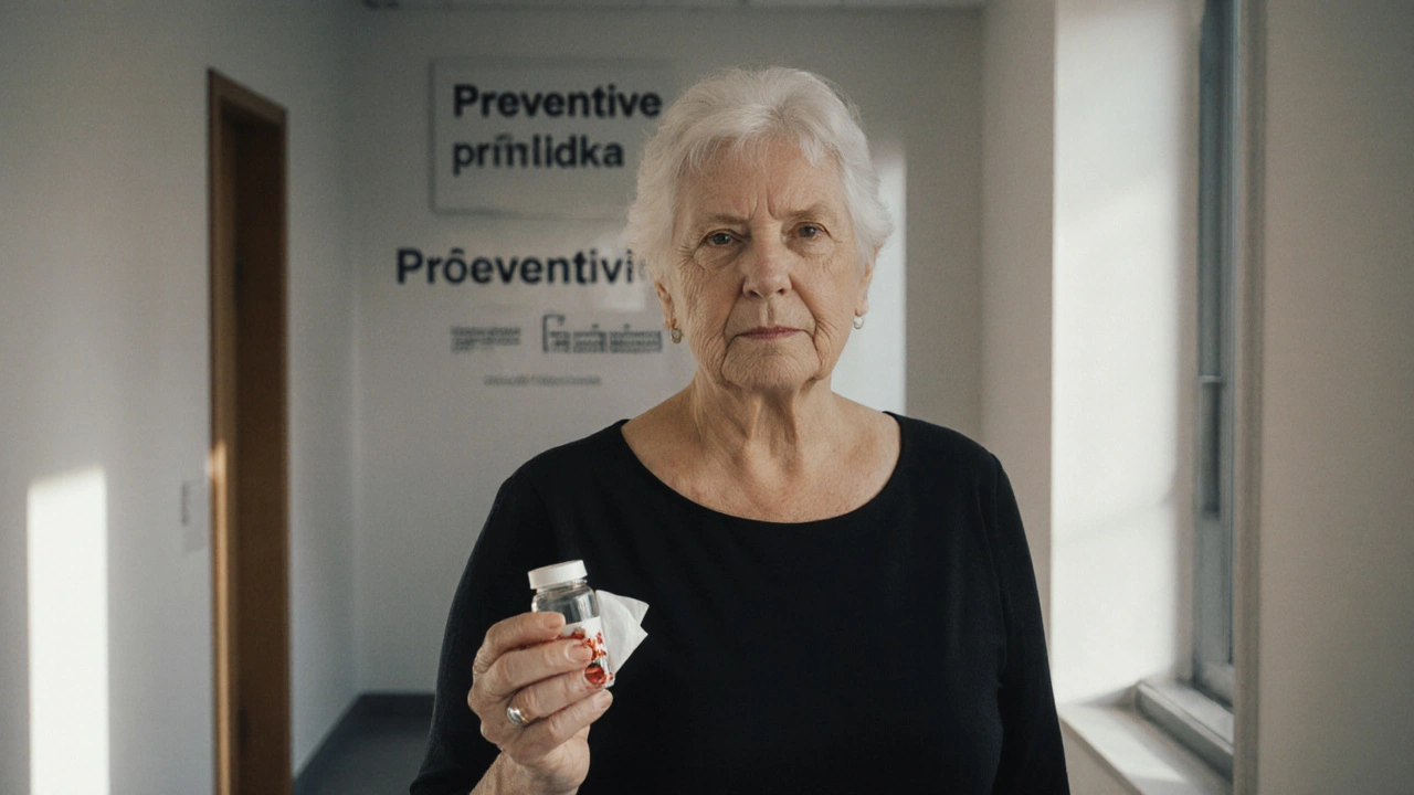 Žena po menopauze drží krevní vzorek v brněnské lékárně, výraz tváře je vážný.