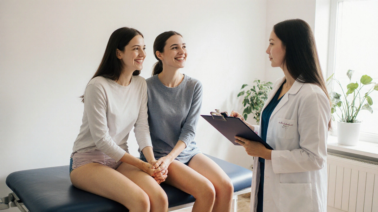 Žena s přítelkyní na prohlídce, lékařka jim vysvětluje postup s úsměvem.