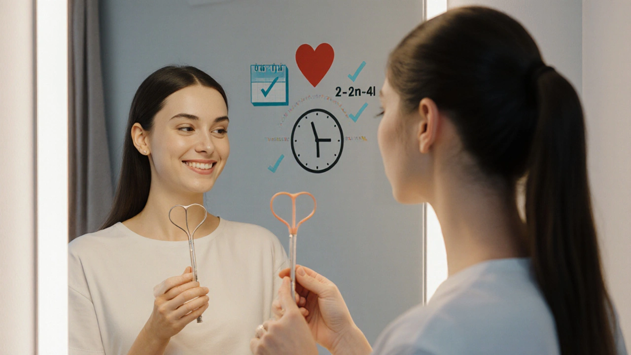 Žena se dívá do zrcadla, drží zrcátko jako nástroj péče, za ní ikony zdraví a času.