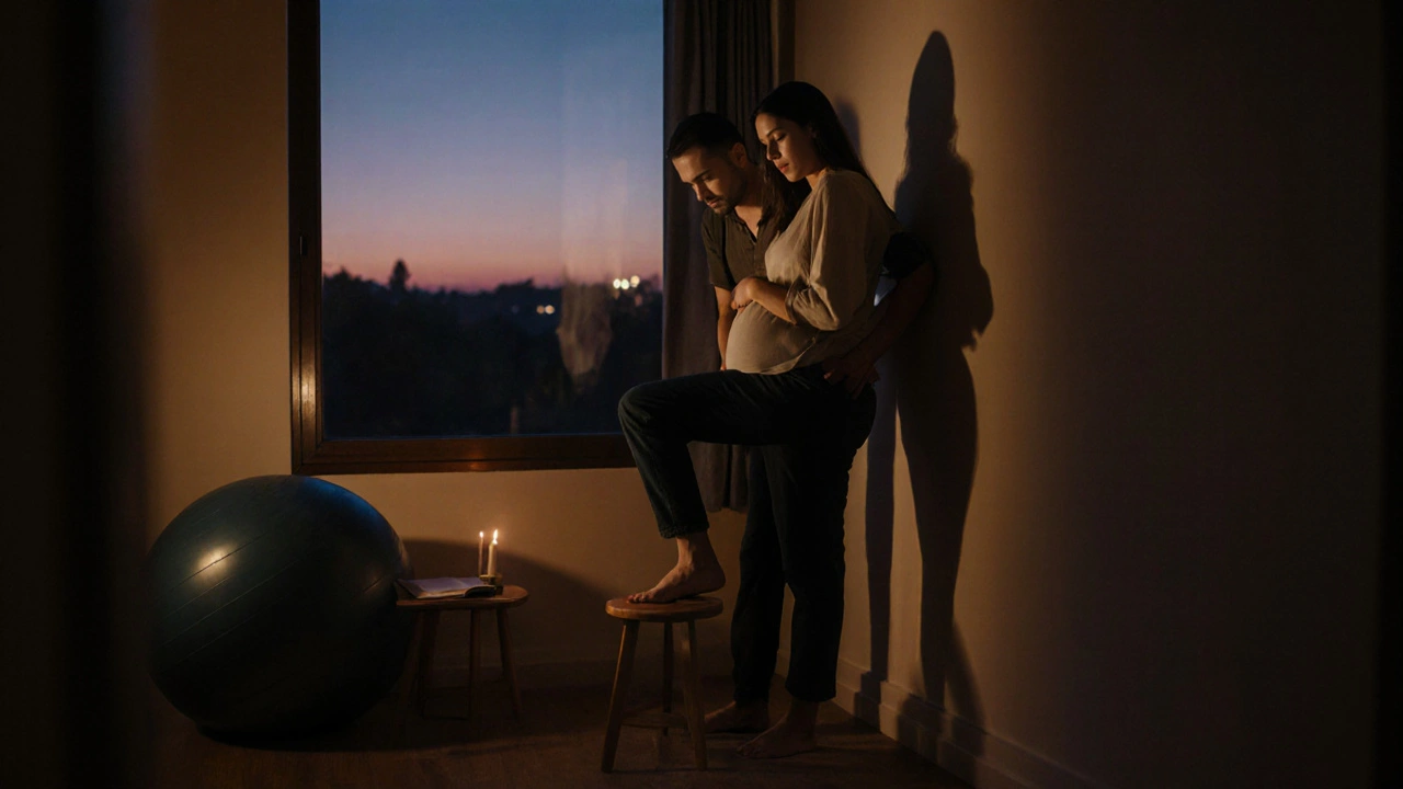 Žena stojí opřená o zeď v první fázi porodu, partner jí tlíčí na záda.