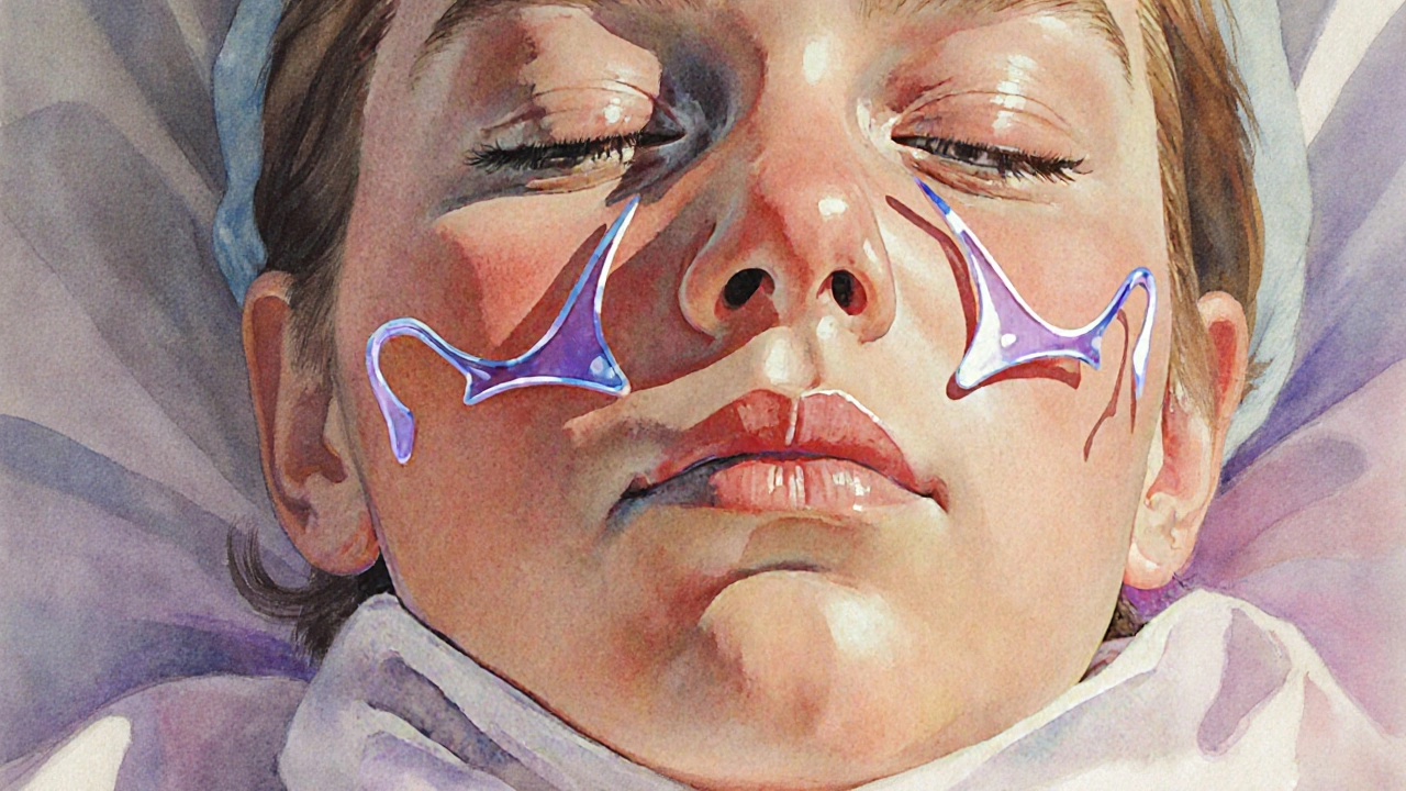 Žena v klidu během gynekologického vyšetření, s jemným odrazem zrcadla v očích.