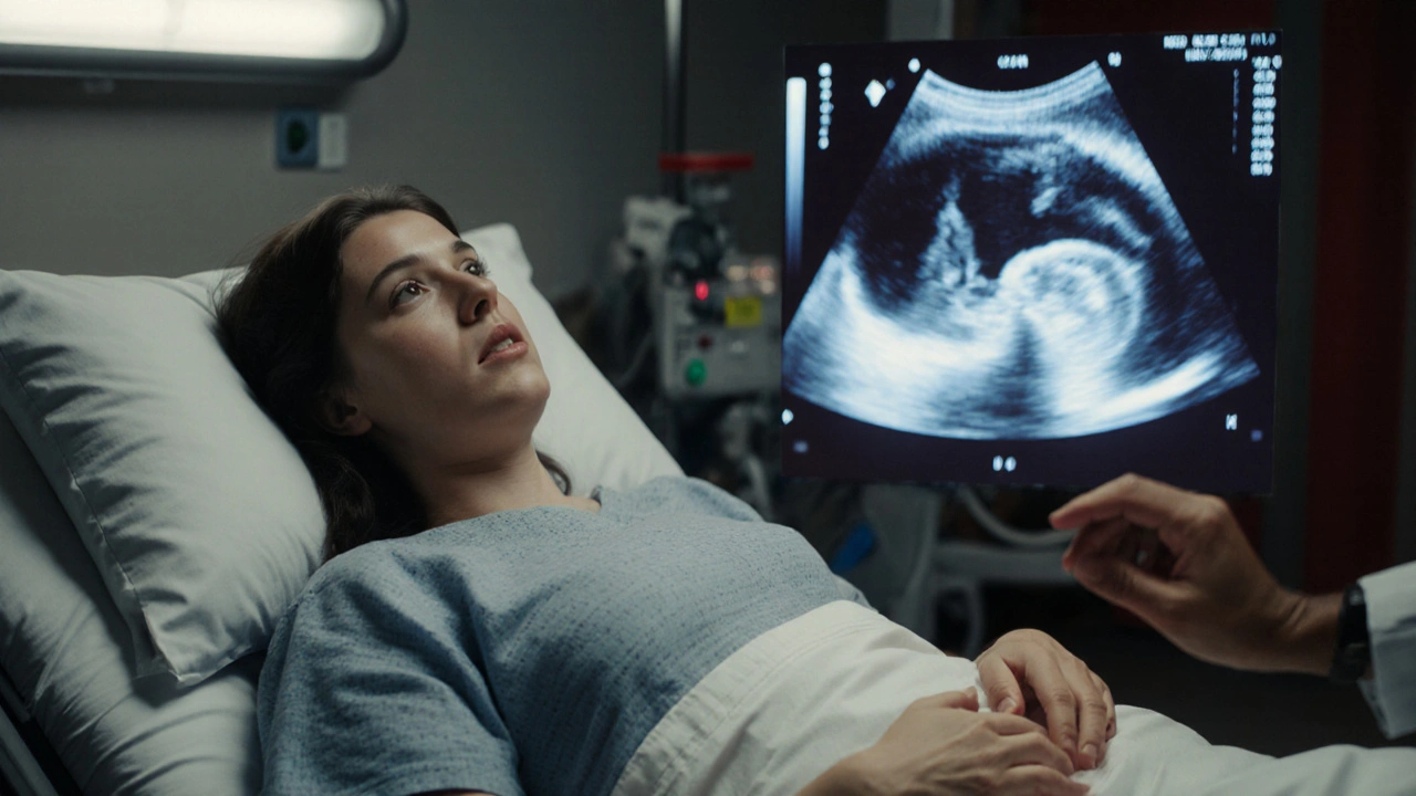 Žena v nouzové ordinaci s ultrazvukovým obrazem mimoděložního těhotenství vedle sebe, vyjádření strachu a naléhavosti.