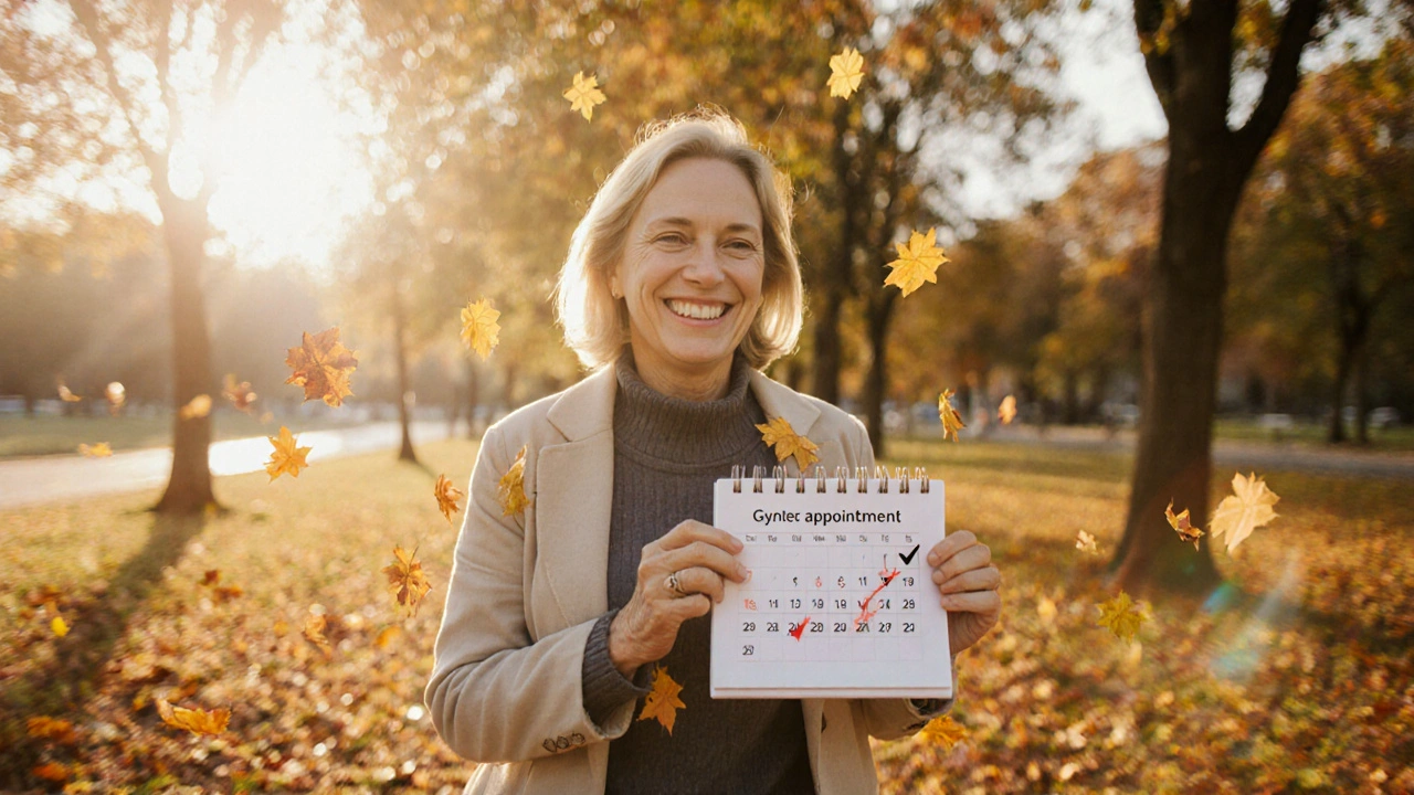 Žena v parku s kalendářem označujícím návštěvu u gynekologa.